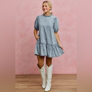 SO ME Denim Short Sleeves Mini Tiered Dress🆕